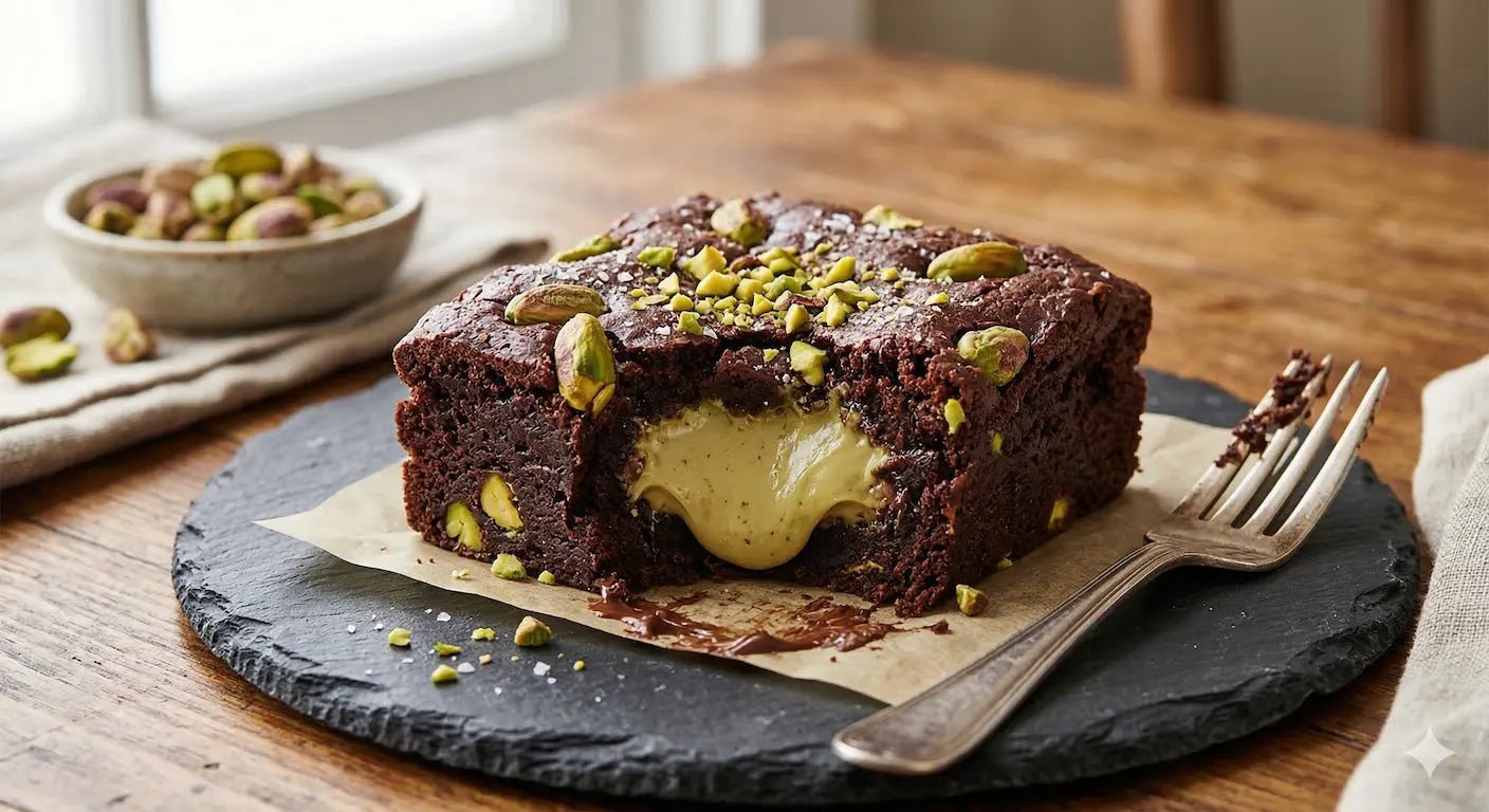Brownie de chocolate negro y pistacho con corazón cremoso - Pistachos Luna