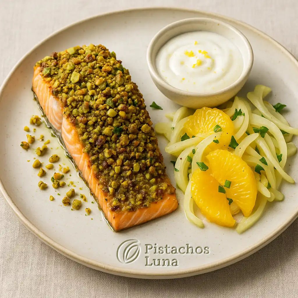Salmón al horno con costra crujiente de pistacho eco y yogur al limón - Pistachos Luna