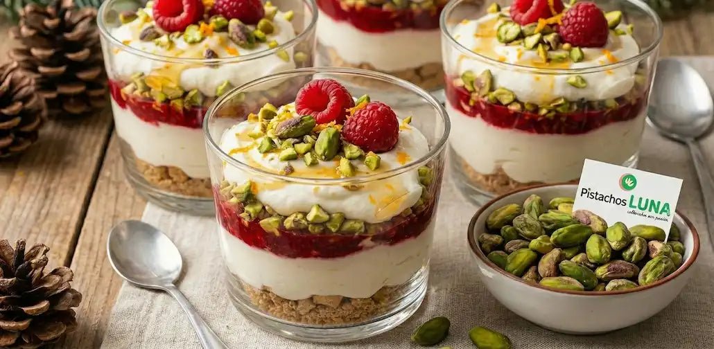 Vasitos festivos de crema suave con pistacho, frambuesa y miel de naranja - Pistachos Luna